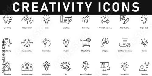 Creativity Icons vector illustration with thin line editable stroke containing innovation, brainstorming, vision, storytelling, prototyping, idea, imagination, design, inspiration, originality, art.