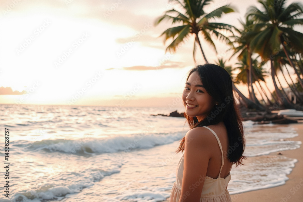 Smiling Woman at Sunset Beach Scene