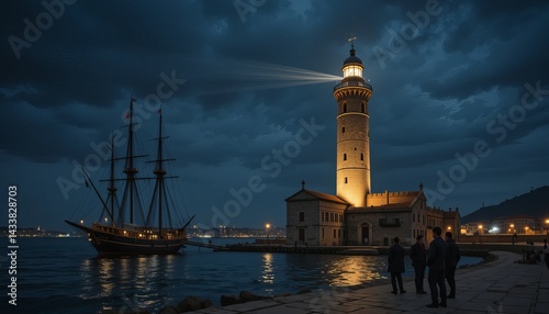 Wallpaper Mural The lighthouse of Genoa at night; a ship and three men in the foreground. Torontodigital.ca