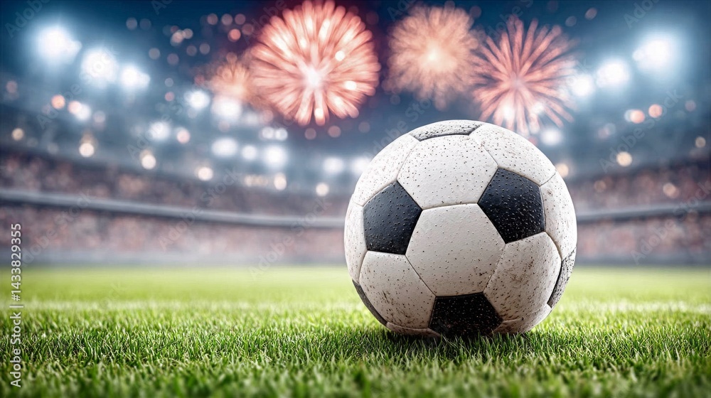 Fototapeta premium Soccer ball resting on the field, surrounded by vibrant fireworks illuminating the stadium during a sports celebration
