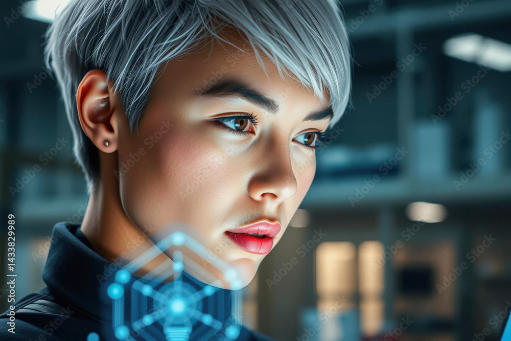 Focused Woman Interacting with Futuristic Interface