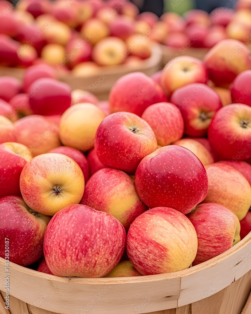 Wooden baskets overflowing with ripe, red and yellow apples Wooden baskets overflowing with ripe, red and yellow apples