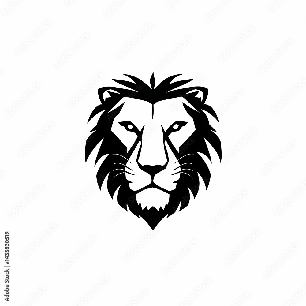 Fototapeta premium A bold black and white illustration of a lion's head with a prominent mane, facing forward with a serious expression.