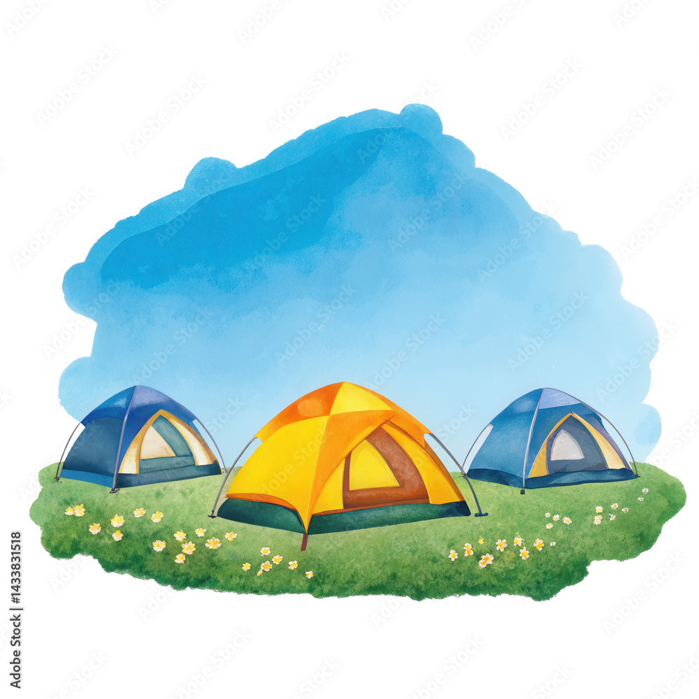 Camping tents on green grass with flowers under blue sky
