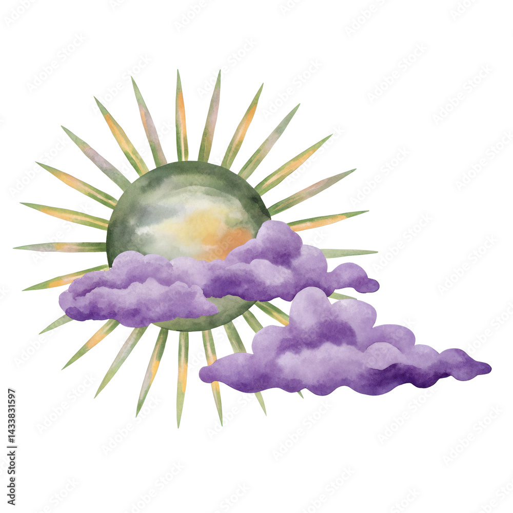 Green sun with purple clouds watercolor illustration with soft and dreamy mood