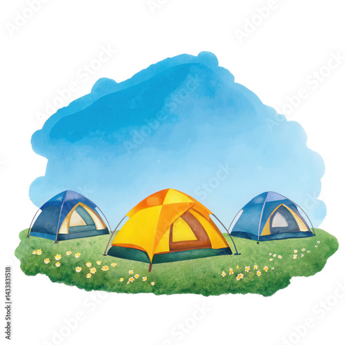 Obraz na płótnie Camping tents on green grass with flowers under blue sky w salonie
