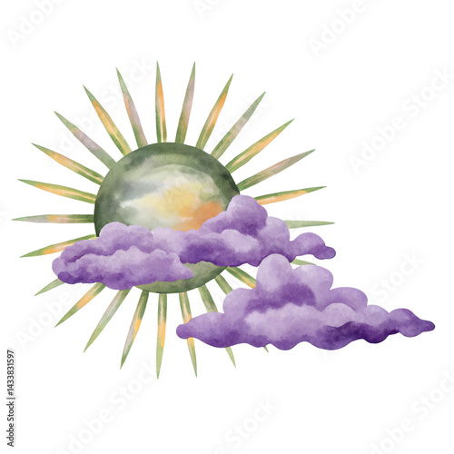 Obraz na płótnie Green sun with purple clouds watercolor illustration with soft and dreamy mood w salonie