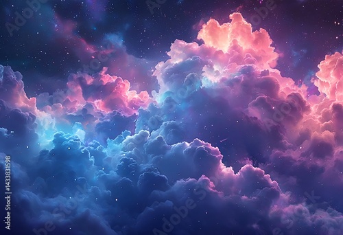 a vibrant and ethereal skyscape features swirling clouds illuminated in shades of electric blue, deep violet, and soft pink against a backdrop of distant stars.