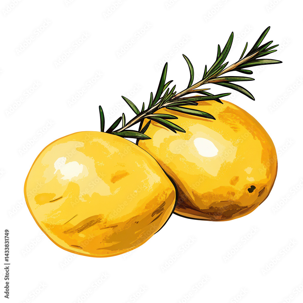 Two fresh yellow potatoes with green rosemary herb on transparency background