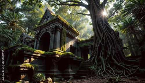 Ancient stone temple overgrown with moss and lichens in the rainforest. The roots of huge old trees envelop the walls of the temple