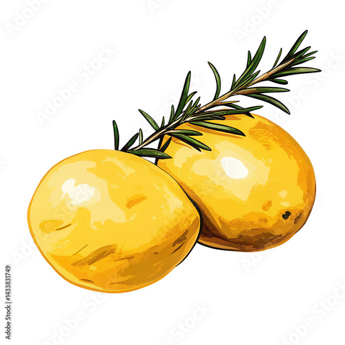 Two fresh yellow potatoes with green rosemary herb on transparency background