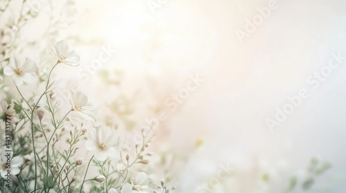Delicate white flowers in soft focus, sunlit background