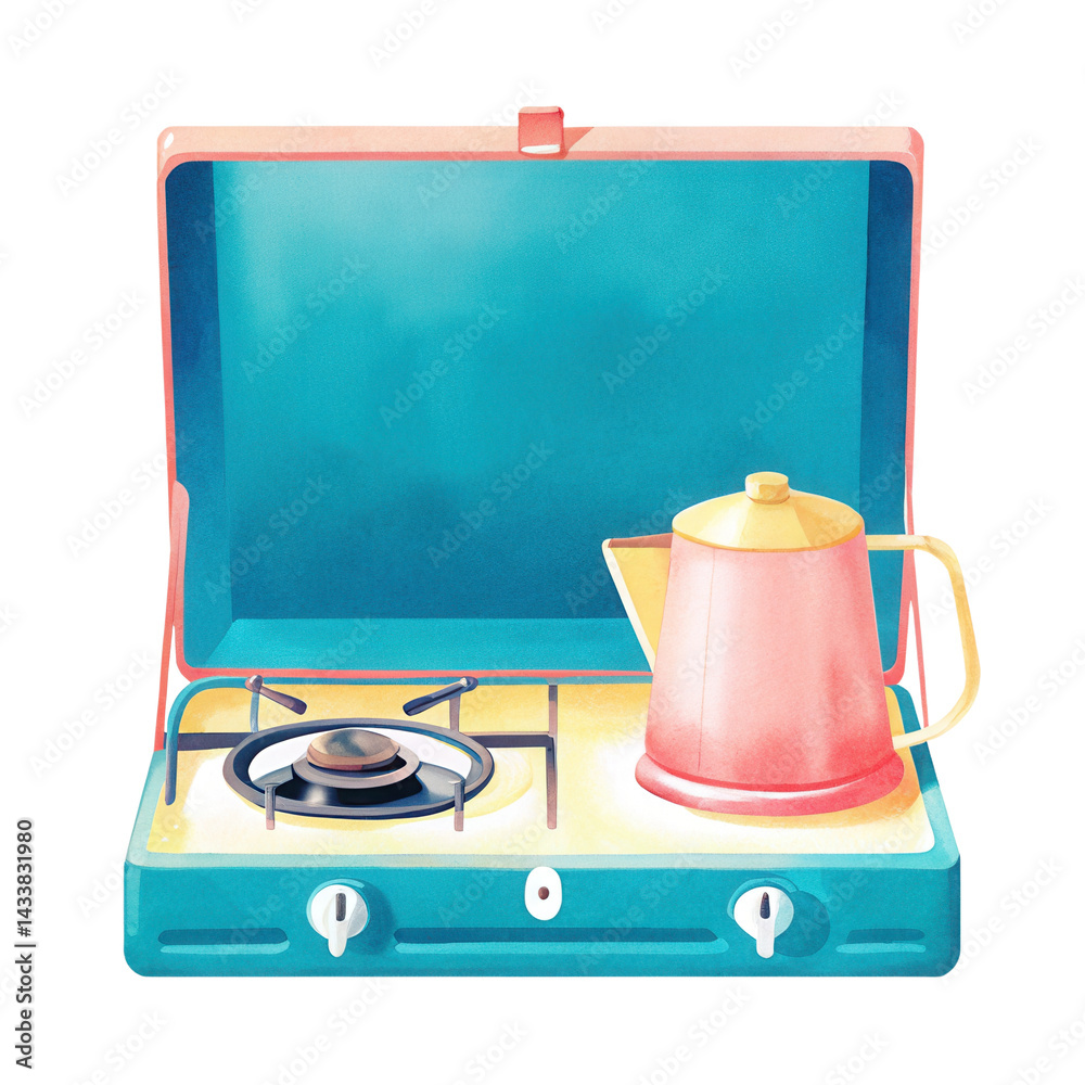 Portable gas stove with kettle, colorful and cozy kitchen appliance for camping or home use