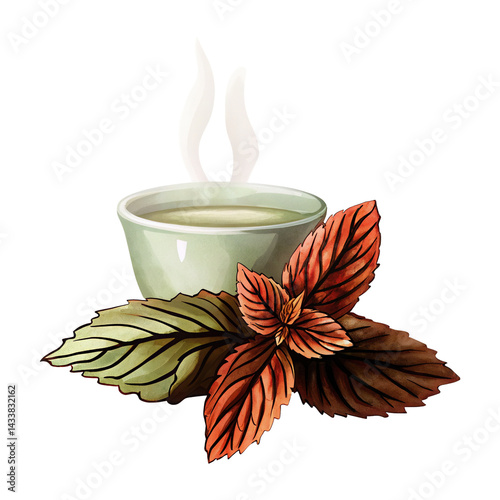 Steaming cup of herbal tea with fresh colorful leaves for warm and soothing drink