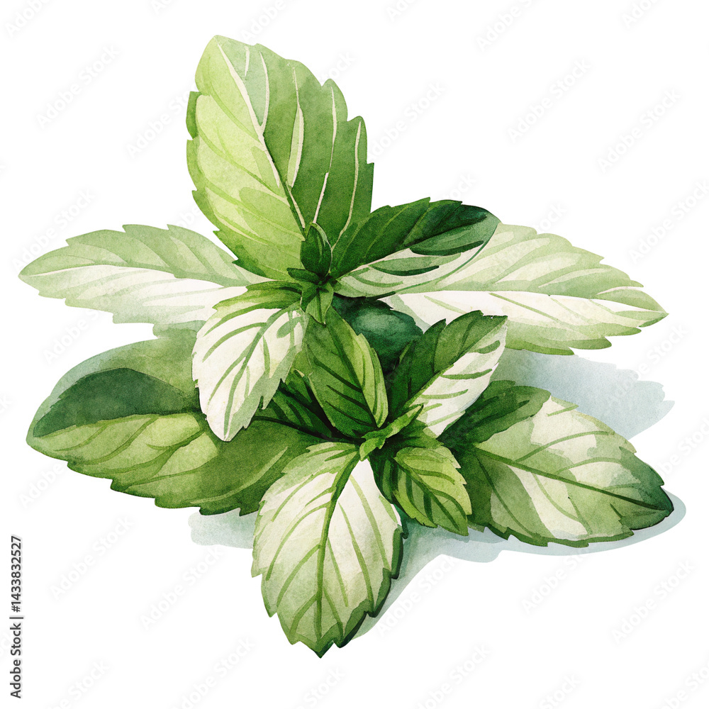 Fresh green mint leaves with detailed veins and natural texture in watercolor style