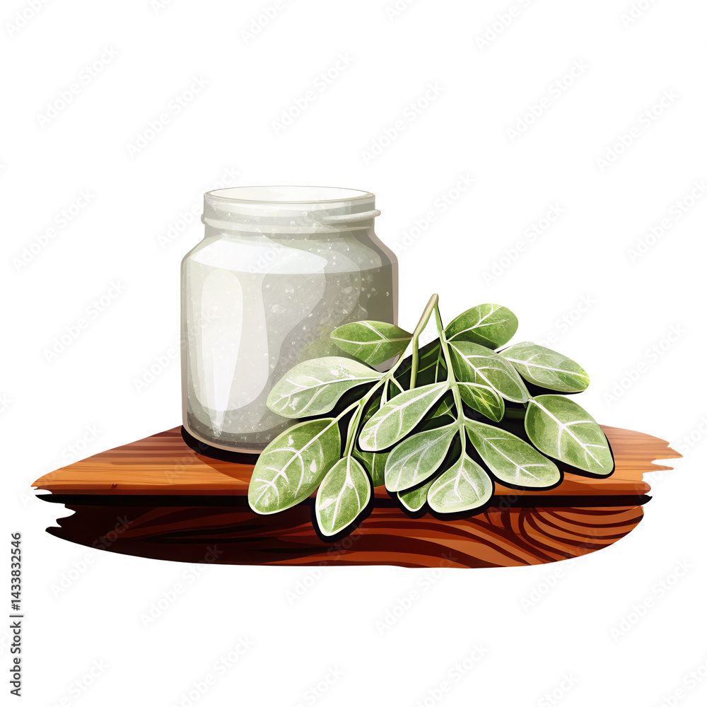 Glass jar with white powder and fresh green leaves on wooden surface, natural and clean