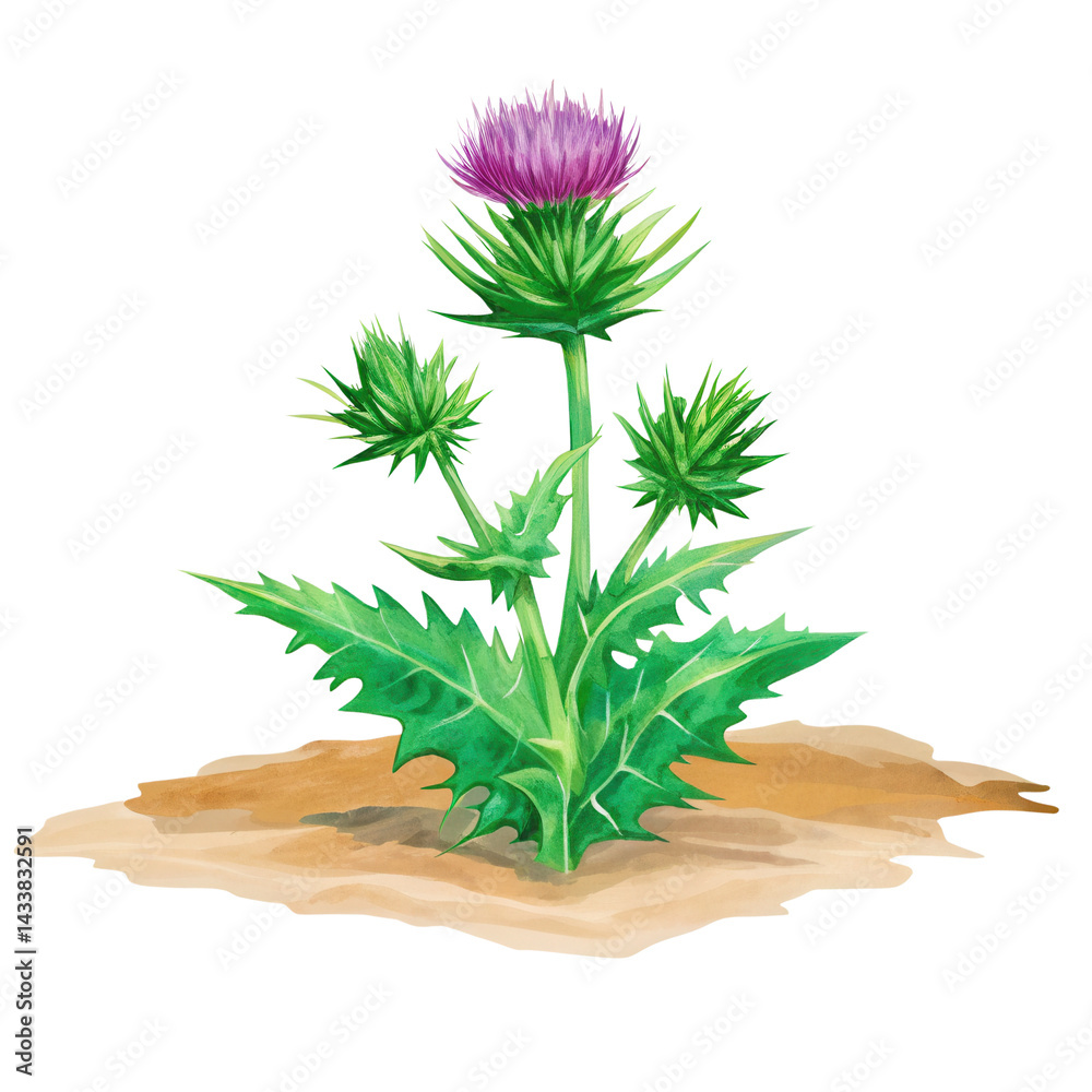 Thistle plant with green spiky leaves and purple flower growing in dry soil