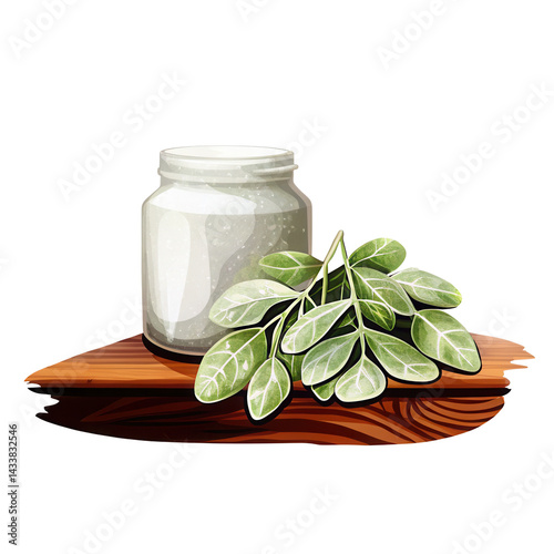 Obraz na płótnie Glass jar with white powder and fresh green leaves on wooden surface, natural and clean w salonie