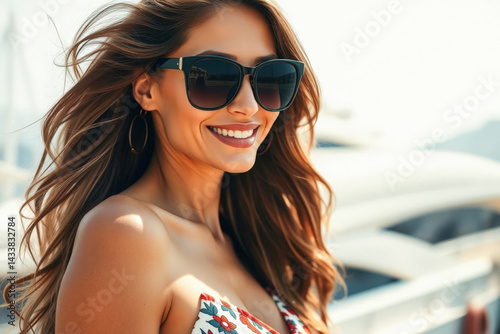 Obraz na płótnie Smiling Woman in Stylish Sunglasses by a Yacht w salonie