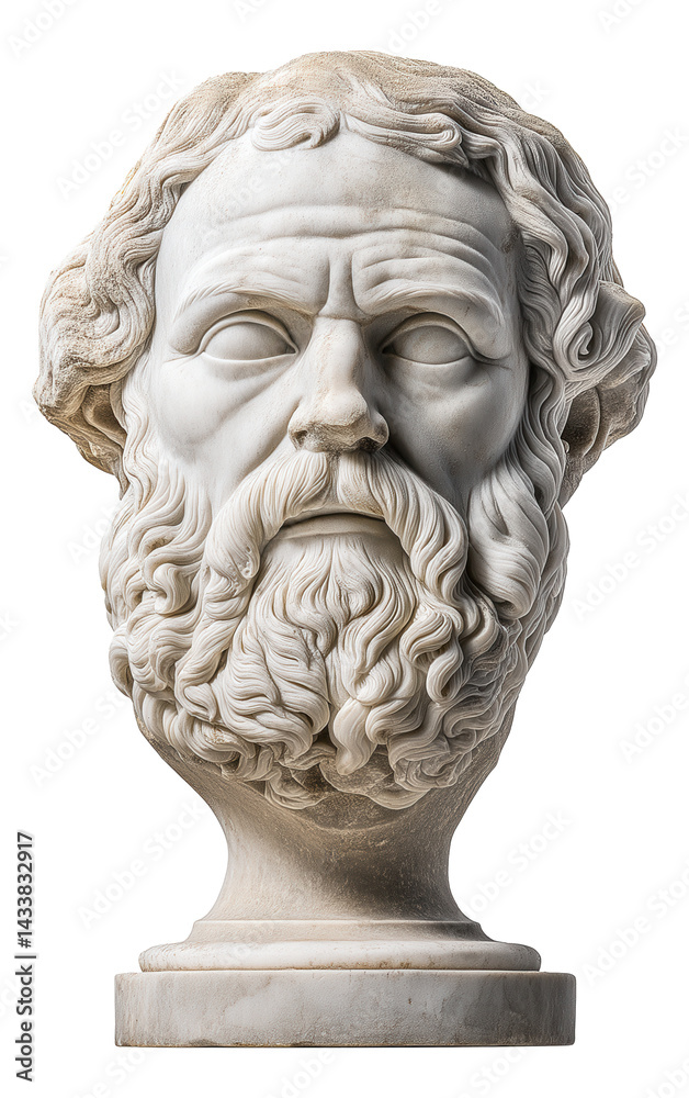 Marble bust of an ancient philosopher with a detailed curly beard and hair.