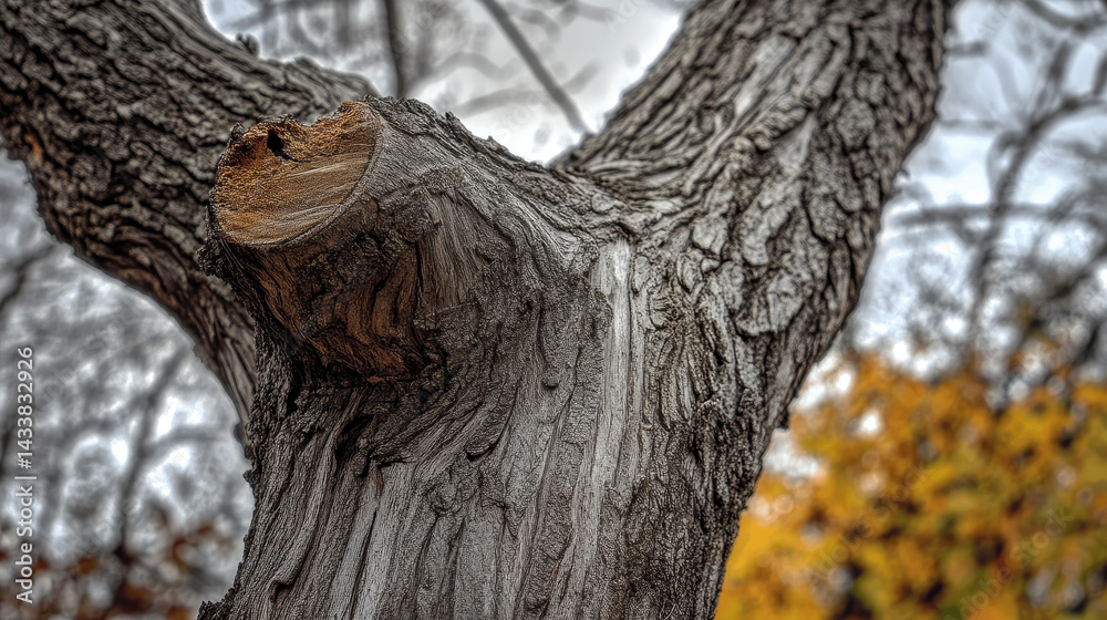 Obraz premium The tree trunk displays unique patterns and textures, showcasing a weathered look. Colorful autumn leaves surround it, creating a serene natural setting
