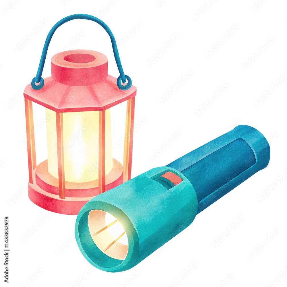 Lantern and flashlight glowing with warm light, symbolizing illumination and safety
