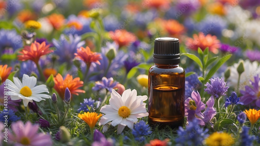 Aromatic elixir surrounded by vibrant floral beauty Aromatic elixir surrounded by vibrant floral beauty