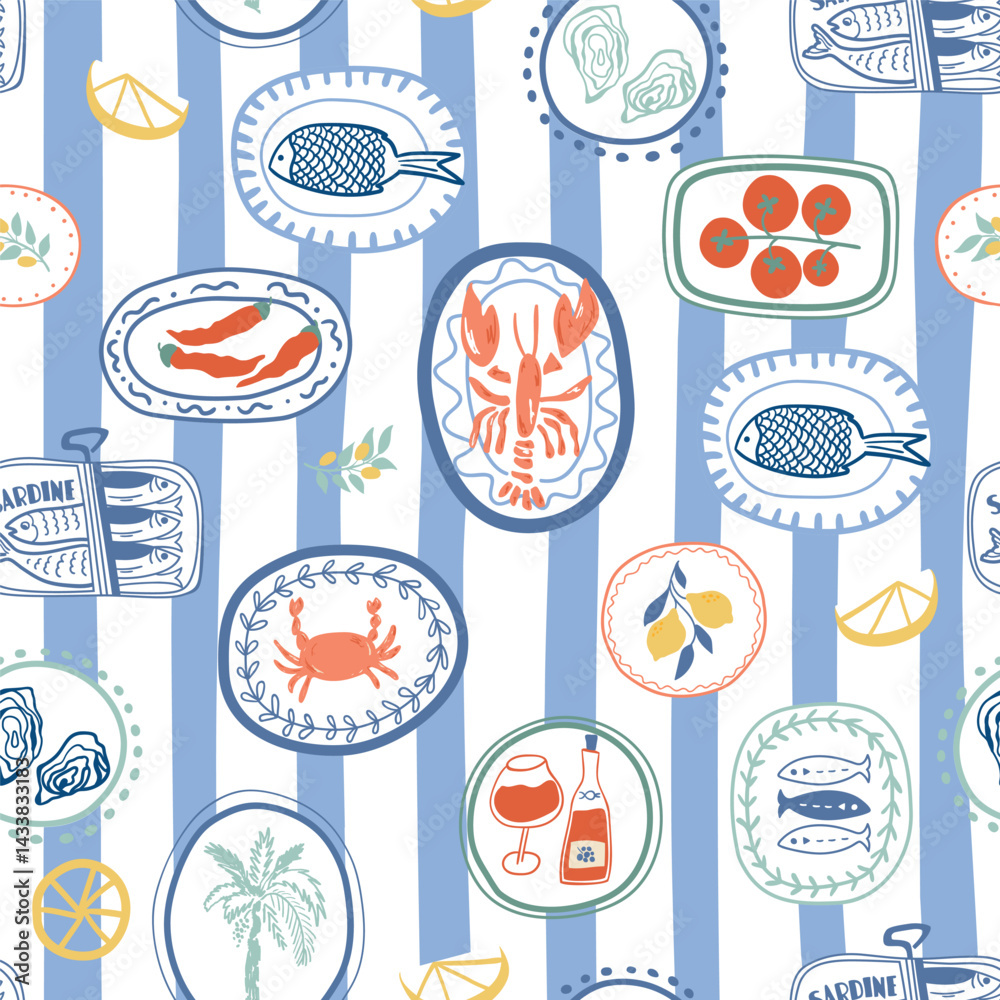 Blue striped Mediterranean summer seamless pattern. Cute Italian cuisine, lobster, crab, sardine, wine, tomatoes in postage stamps or plates. Vector repeat background, textile design, wallpaper print