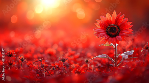 Vibrant red sunflower standing tall in a field of red blossoms bathed in warm sunset light.  A powerful symbol of hope, resilience, and individuality.