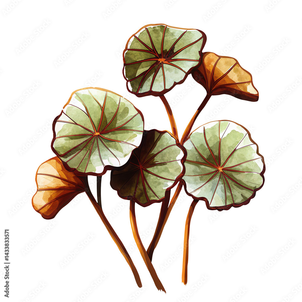 Watercolor green and brown leaves with stems, natural botanical illustration with warm tones