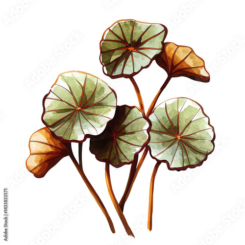 Watercolor green and brown leaves with stems, natural botanical illustration with warm tones