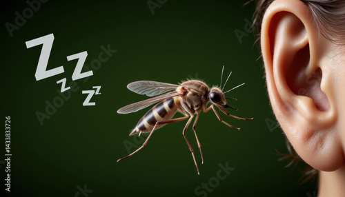 Detailed mosquito buzzing near human ear, summer annoyance