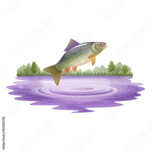 Fish jumping out of calm purple water with green trees in background