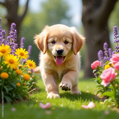 golden retriever puppy with flower