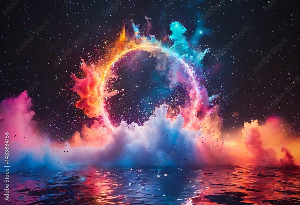 a vibrant, circular burst of colorful smoke and light rises from dark, rippling water against a backdrop of a starry night sky.