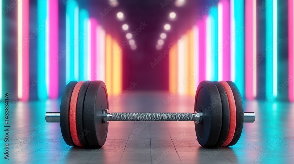 Black Dumbbell with Red Accents in Neon Pink, Blue, and Orange Lit Gym Black Dumbbell with Red Accents in Neon Pink, Blue, and Orange Lit Gym