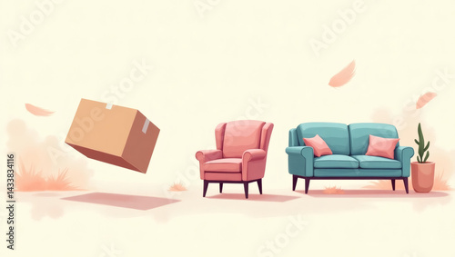 Cardboard box and furniture in soft pastel moving background