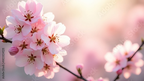 Cherry blossoms in full bloom with glowing spring background