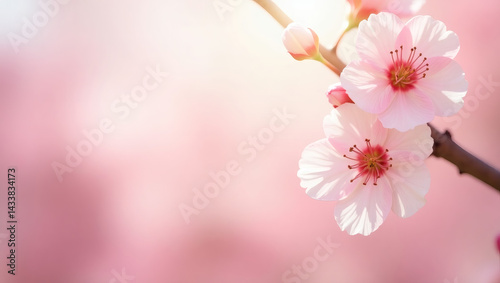 Pink cherry blossom background with soft spring sunlight