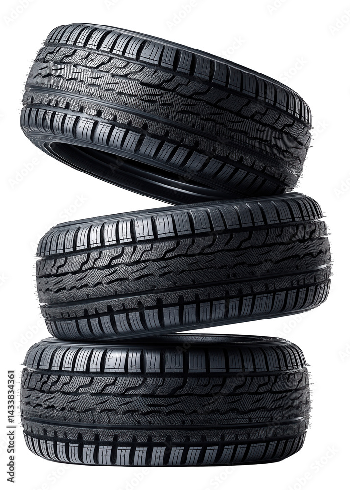 Three black car tires are stacked in a balanced arrangement.
