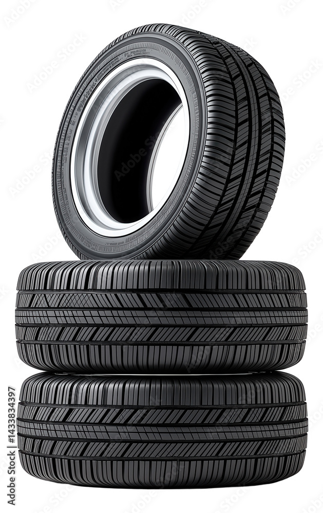 Obraz premium Three stacked black car tires with detailed tread texture.