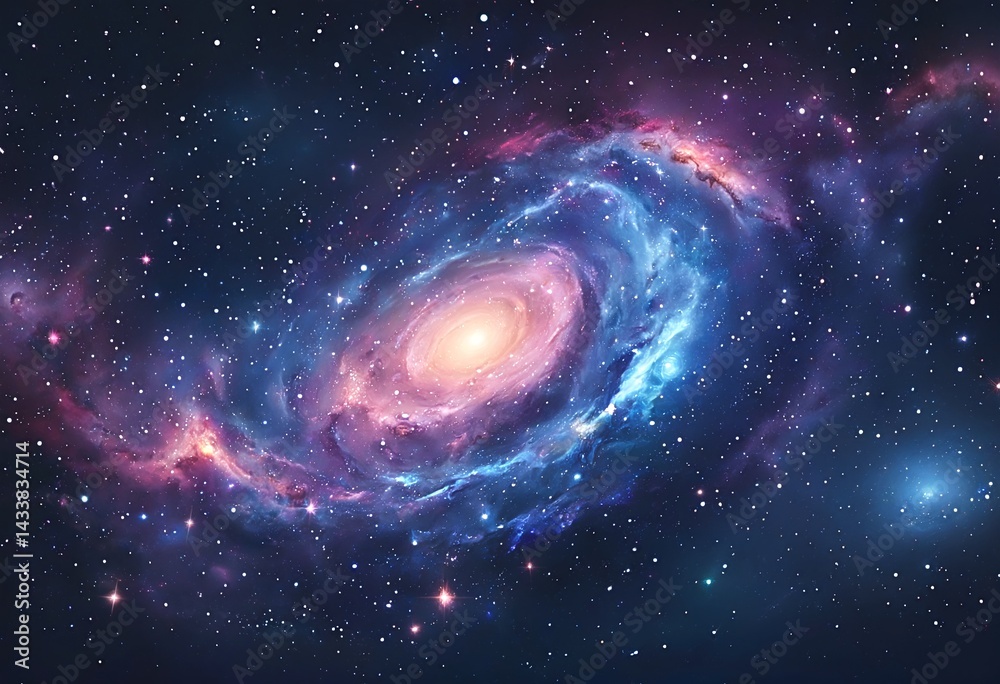 Obraz premium a vibrant spiral galaxy swirls amidst a breathtaking field of distant stars and colorful nebulae.
