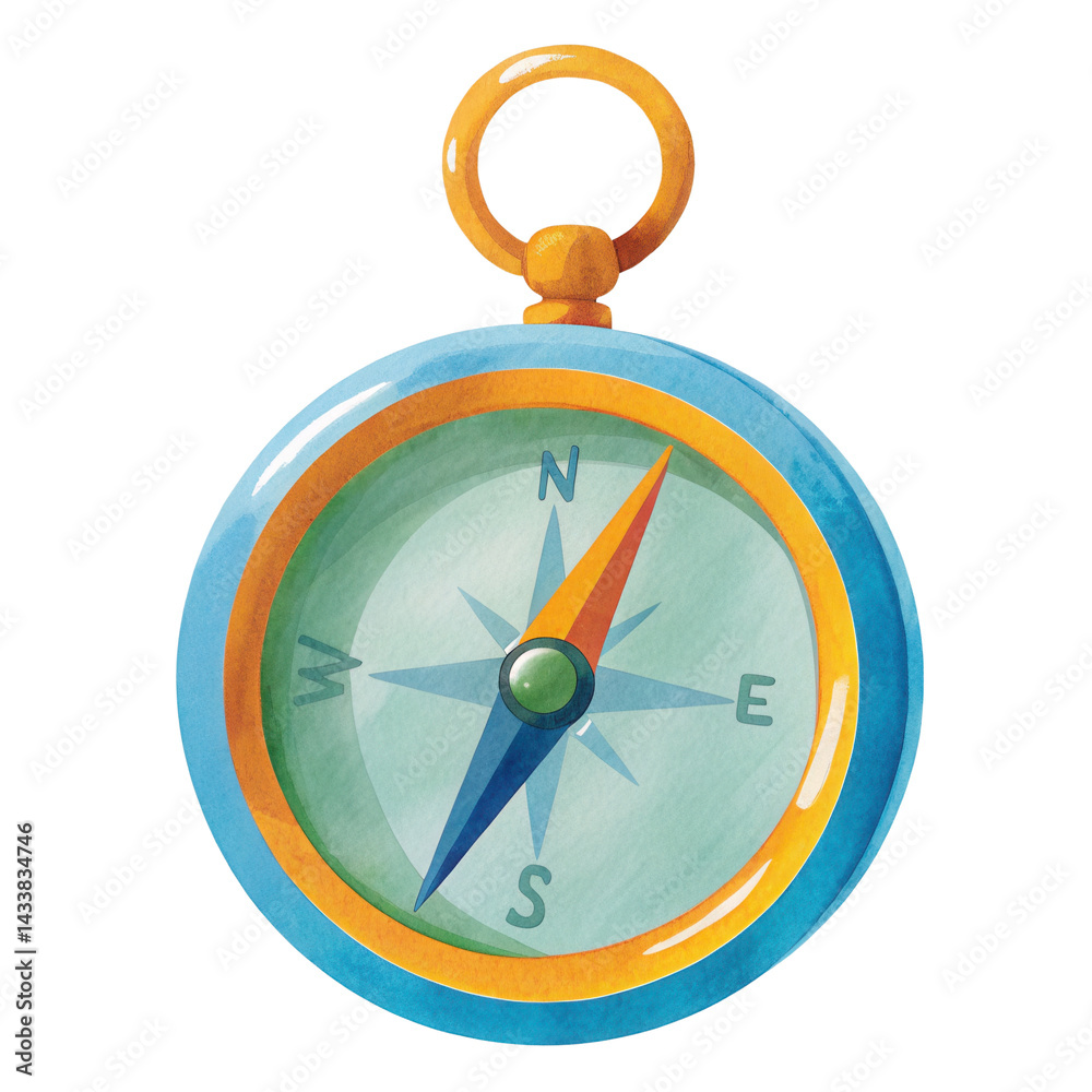 Watercolor compass with blue and orange frame showing direction with needle