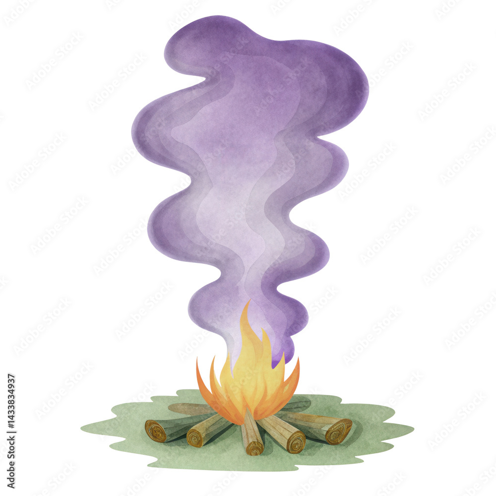 Campfire with purple smoke rising above burning wood on grass ground