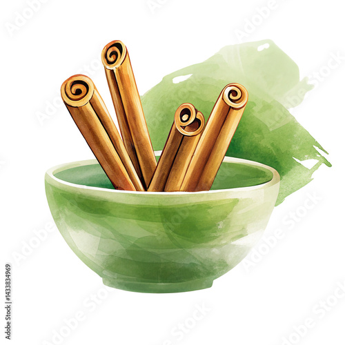 Cinnamon sticks in green bowl with watercolor style background, natural and fresh