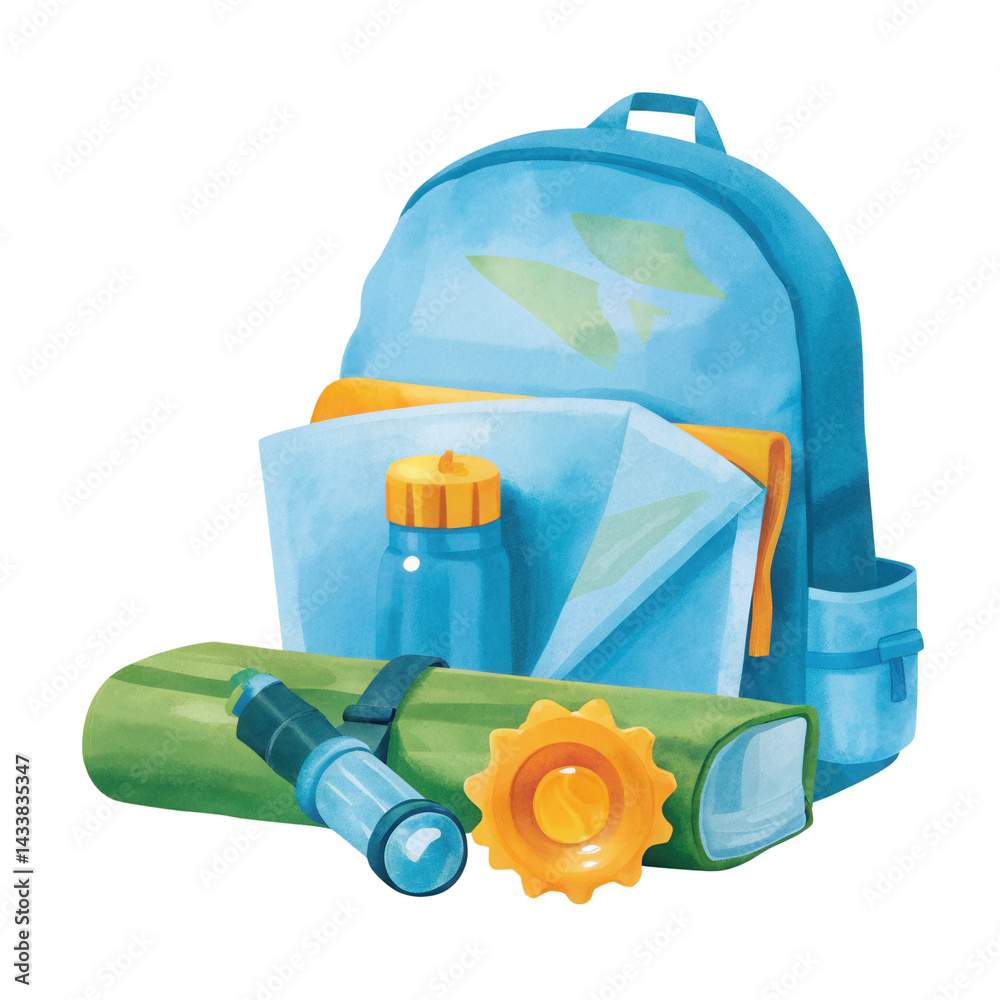 Blue backpack with water bottle, rolled mat, and camping gear for outdoor adventure
