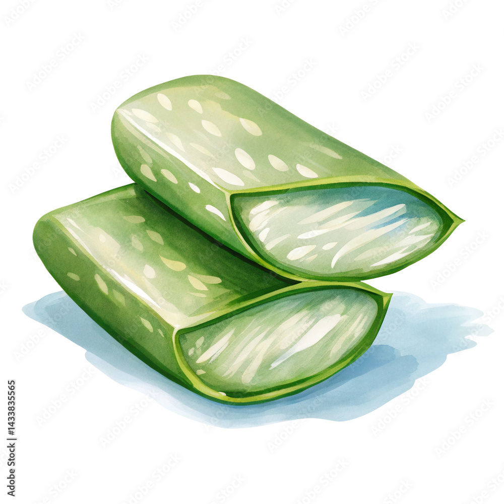 Watercolor illustration of two fresh green aloe vera leaves cut open showing gel inside