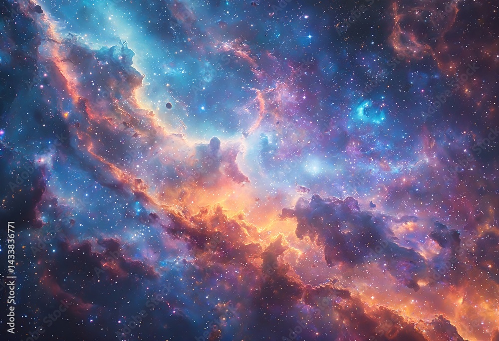 Naklejka premium a vibrant and swirling cosmic nebula showcases brilliant hues of blue, orange, and purple amidst a dense field of distant stars.