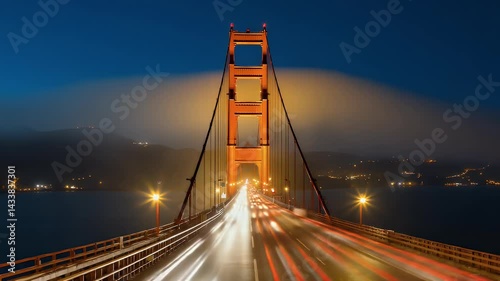 Golden Gate Bridge at twilight with car light trails.