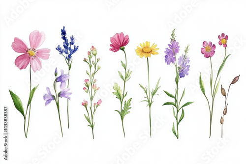 Watercolor collection of wildflowers and herbs including lavender, cosmos, tulip and yellow daisy arranged in row on white background
